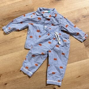 John Lewis White and Blue Striped with London Bus Pajama Set Size 6-9 months